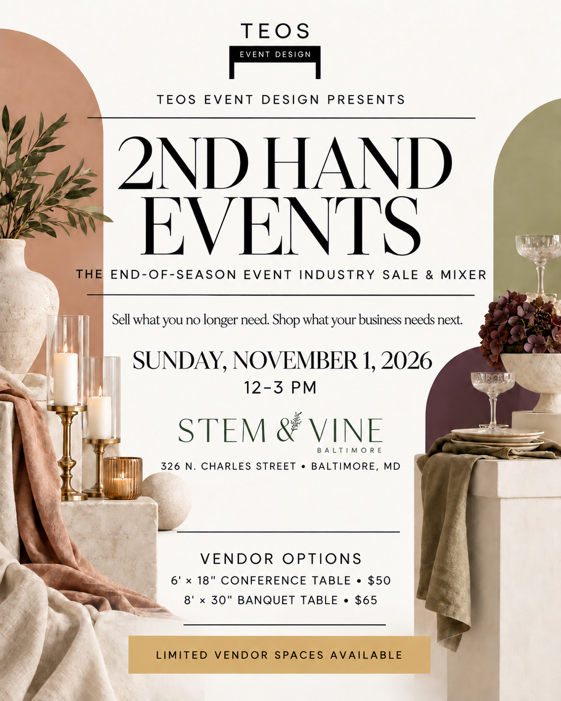 2nd Hand Events flyer with event date, location, and vendor table options